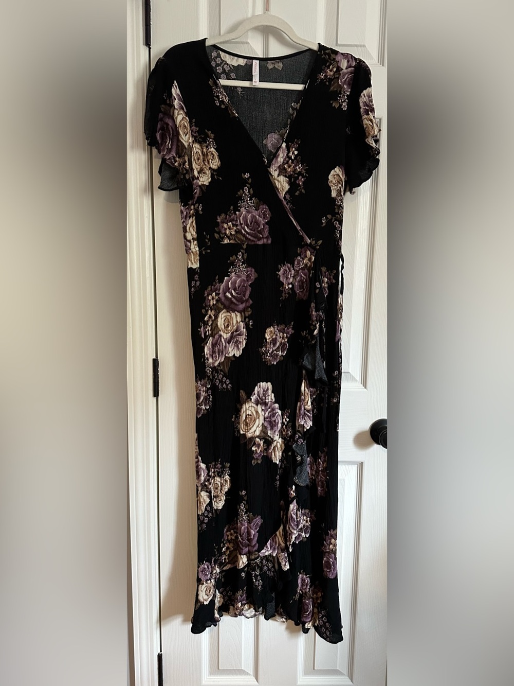 Black Floral Maxi Dress with Purple and Cream Roses